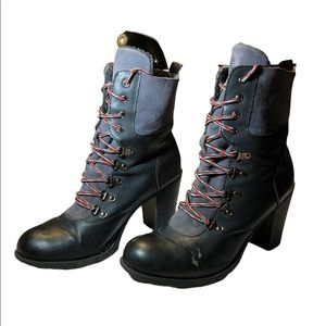 Black Heed Boots With Red And Gray Striped Laces